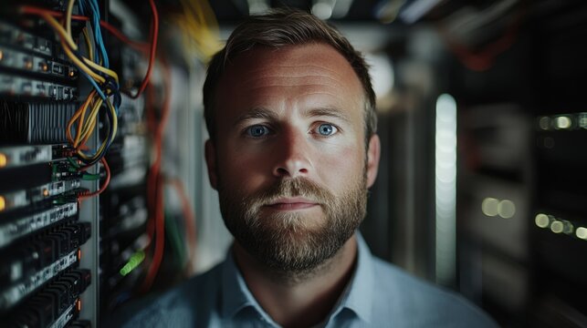 Man is posing with his head up near the server.