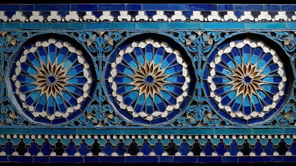 Three elaborate rosettes align horizontally showcasing intricate glazed architectural craftsmanship.