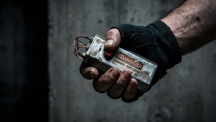 Hand holding dynamite stick with fuse.