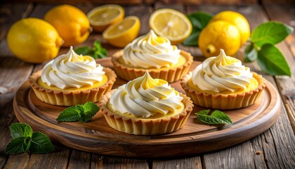 Four lemon tarts with whipped cream on round wooden board, surrounded by lemons and leaves on rustic table.