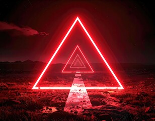 Glowing neon triangles create a path through a red-tinged landscape