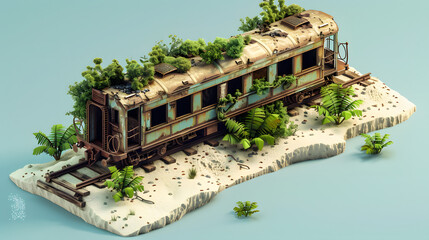 3d Isometric low poly clay style long abandoned