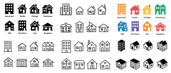 Variety of house icons in black and colorful styles © apps