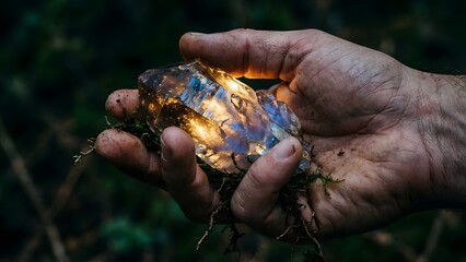 Hands holding a shiny turtle in nature.