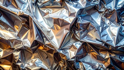 Crumpled reflective metallic foil with sharp folds and creases, abstract texture and dynamic light play.