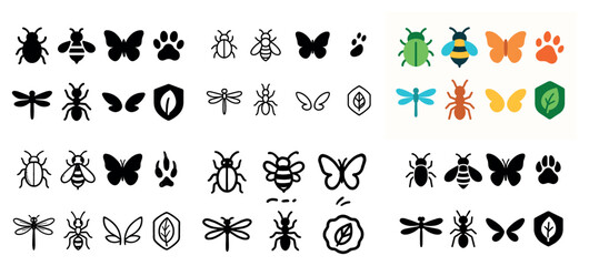 Insect and animal silhouettes and icons set