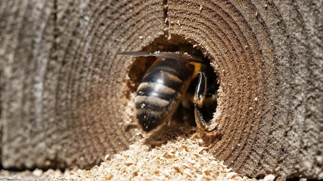 Carpenter bee excavating a wooden beam