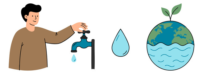 Save water conservation concept with human turning off tap, water drop symbol and earth globe showing sustainable environment awareness. flat vector illustration