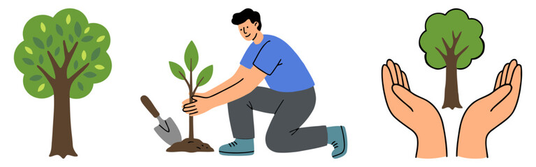 Save tree plantation concept illustration showing human planting sapling, green tree growth and hands protecting nature for environmental awareness. flat vector illustration