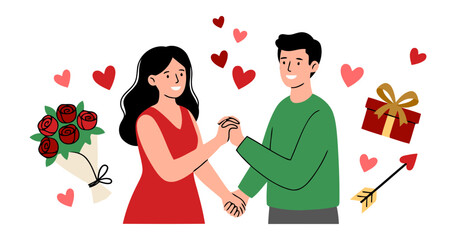 Romantic couple celebrating valentine&rsquo;s day holding hands with hearts, gift box, roses and love symbols for relationship and romance concept. flat vector illustration