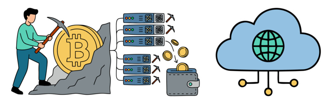 Bitcoin mining process with miner extracting cryptocurrency using servers, digital wallet transfer and cloud blockchain network concept. flat vector illustration