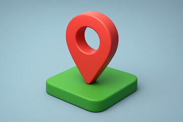A modern 3D illustration of a red location pin marker placed on a green base, symbolizing GPS navigation, map location, destination tracking, and location-based services.