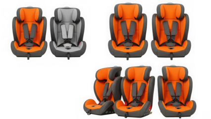Collection of child safety car seats in orange and grey colors isolated on transparent background