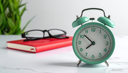 A teal alarm clock, red notebook, and glasses on a white marbled surface