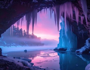 Icy cave entrance opens to serene, winter landscape at sunset