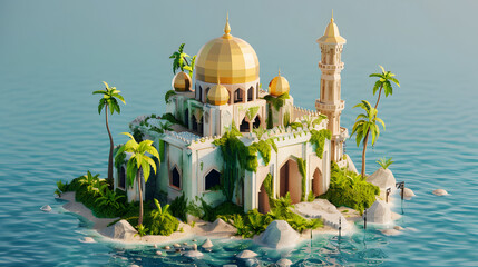 3d Isometric low poly clay style majestic ruins island