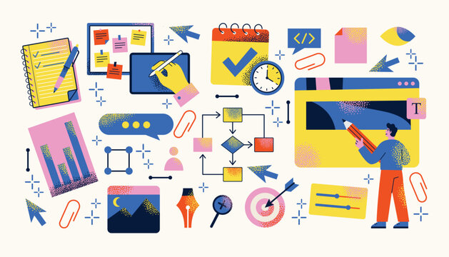 Web design set, UX, UI, project management and workflow elements with human character. Flat vector illustration on light background. Productivity planning and business process concept