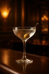 Elegant gin martini in a chilled coupe glass, single green olive on a silver pick, art deco bar interior, warm ambient lighting, cinematic cocktail photography.