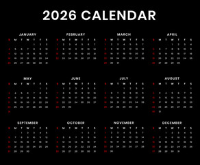  2026 calender template black background