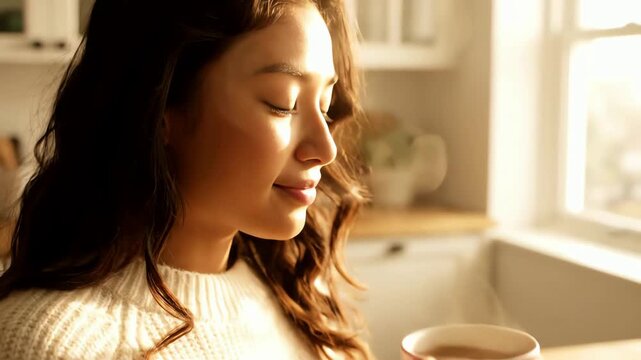 Serene young woman enjoying a warm cup of coffee bathed in soft morning sunlight indoors