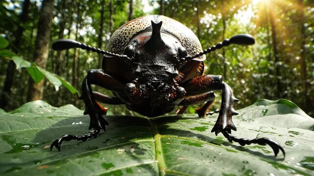 Giant Goliath Beetle on Leaf in Tropical Forest