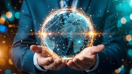 Close-up of a businessman holding a glowing globe with network connections in his hands against a dark background with bokeh lights.