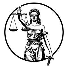 Lady Justice holding blindfolded scales and sword logo