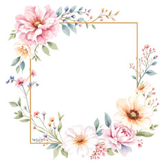 Fototapeta premium Delicate spring floral composition forming a decorative frame with subtle gold outline and soft watercolor textures