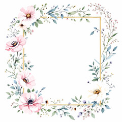Obraz premium Elegant watercolor floral frame with soft pastel blossoms and delicate greenery arranged around a golden square border
