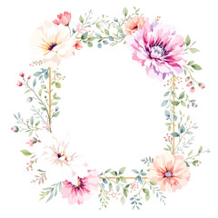 Floral Frame with Pink Flowers and Leaves Design watercolor