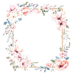 A colorful floral frame made of flowers and leaves creating a beautiful decorative border for spring and summer designs