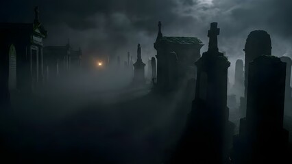 Misty Cemetery with Headstones at Night.