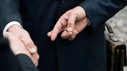Businessman passing money in handshake discreetly.
