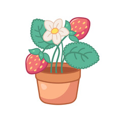 Kawaii strawberry sprouts. Young strawberry plant in ceramic pot. Vector illustration in Japanese or Korean style