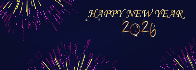 Luxury Happy New Year 2026 celebration banner featuring golden typography and colorful fireworks on a dark blue night background. Elegant festive design perfect for holiday banners, greeting.eps10 © Kentok
