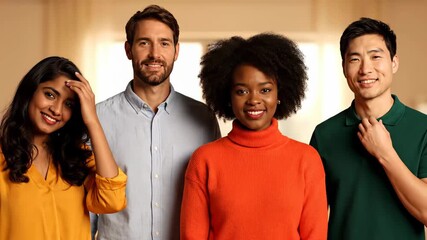 Diverse group of four young professionals smiling confidently together in a modern office setting.