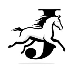 Horse Logo with Letter J Monochrome Black Transparent Vector Design Concept