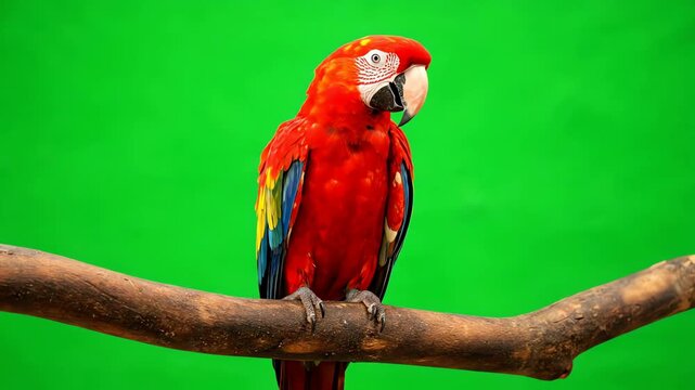 vibrant scarlet macaw parrot perched on a branch against a solid green backdrop