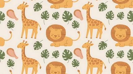 Fototapeta premium Whimsical safari animals pattern with giraffes, lions and tropical leaves