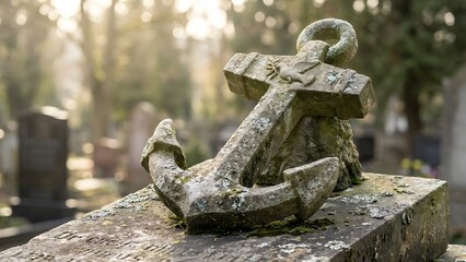 Old Weathered Anchor on Gravestone in Cemetery.