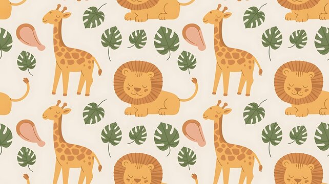 Whimsical safari animals pattern with giraffes, lions and tropical leaves - Powered by Adobe