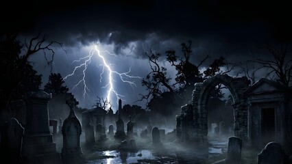 Dark Cemetery with Lightning Stormy Night.