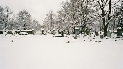 Snow Covered Cemetery with Bare Trees.