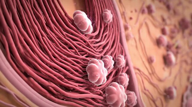 Microscopic view of cellular structures with glowing particles moving through the endoplasmic reticulum network