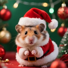 4k high quality Ai generative HD photo realistic red green white Merry Christmas and tree ornament cute kawaii natal decoration Santa Claus hat pet costume outfit hamster syrian hand hat color