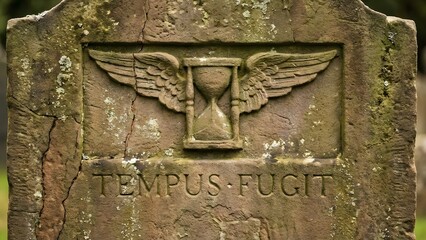 Weathered Tombstone with Hourglass and Wings.