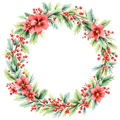 Decorative winter garland forming a round frame with pine sprigs and red berries