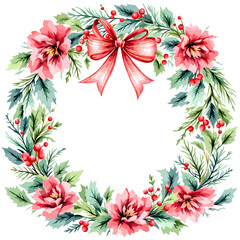 Hand-painted Christmas wreath with lush greenery and vibrant red berry clusters on white background