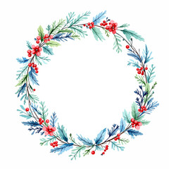Holiday botanical wreath featuring evergreen foliage and bright red berries in delicate watercolor style