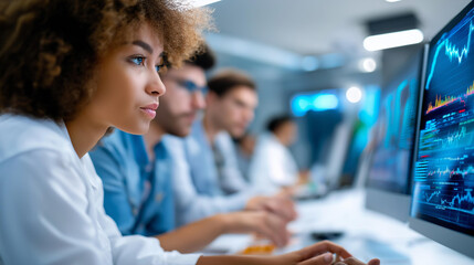 Team analyzing multiple computer screens, financial graphs display, data trend examination, collaborative analysis session, market metrics monitoring, defocused modern workspace, with copy